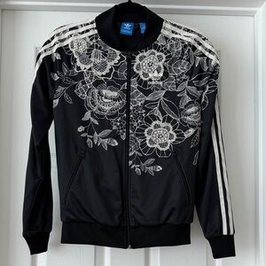 Adidas Women's Black Bomber Jacket with White Floral Design